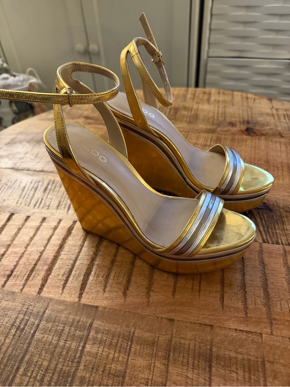 Aldo Metallic Gold Wedge Sandals with Ankle Strap